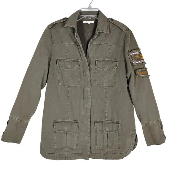 Willow & Clay Military Quilted Jacket Size Medium Green Beaded Arm Patches - Picture 2 of 9